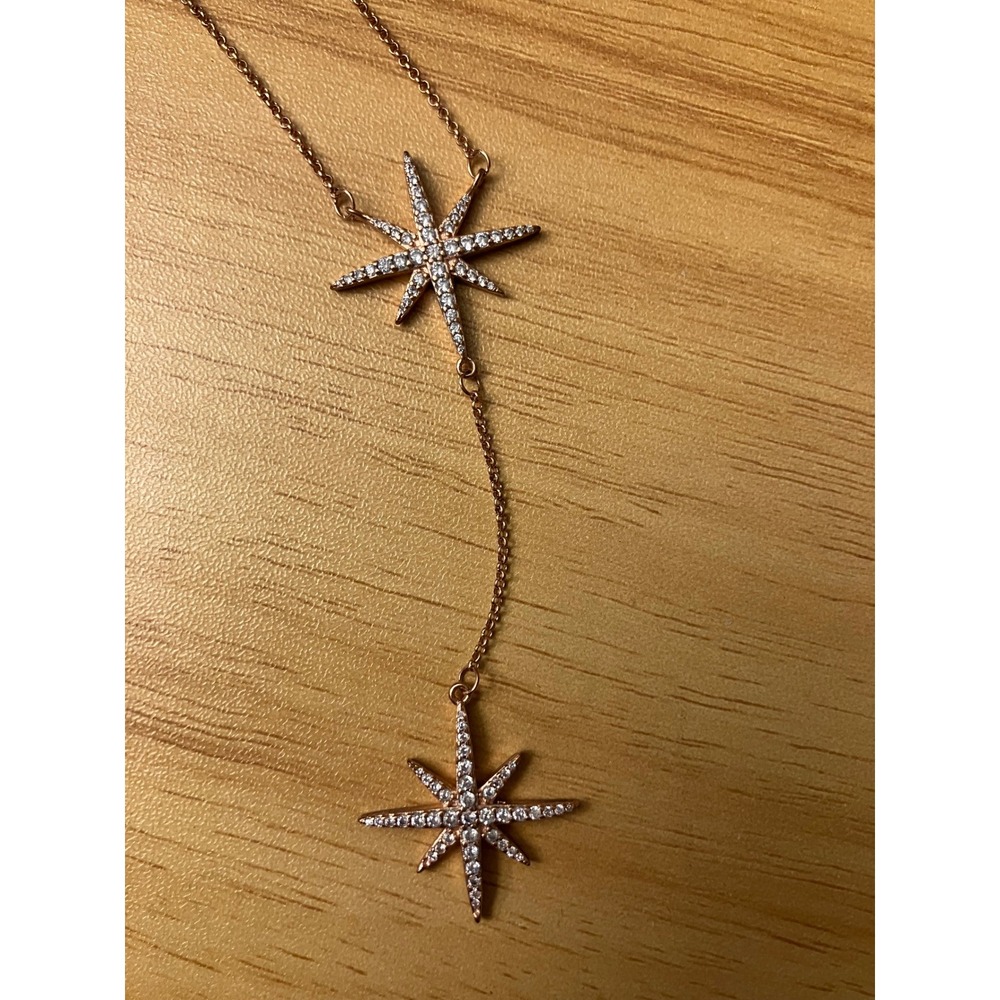 Rose Gold Tone Starburst Lariat Necklace Crystal Pavé Celestial Y-Drop Pendant